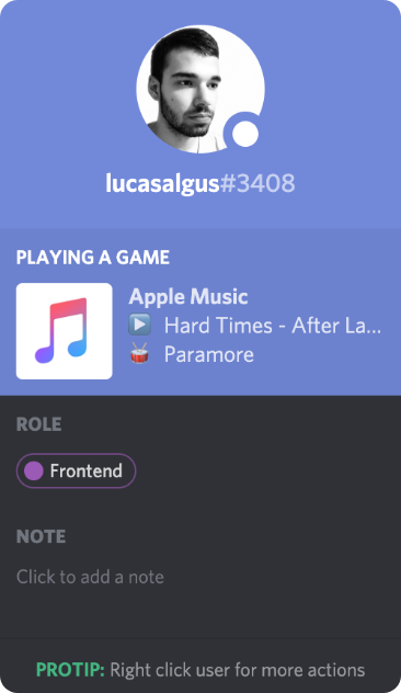 Screenshot taken off Discord, showing how amcord displays the Apple Music activity on the user's profile